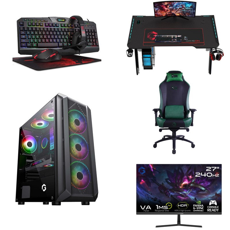 I5 GAMING PC, i5-10400F, RTX 3050 Eco 8GB with GAMEON Gaming Monitor, Redragon S101, Gaming Desk, and Gaming Chair