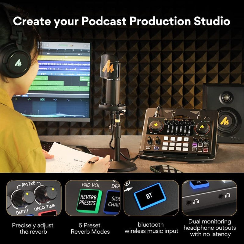 Maonocaster AME2A All-In-One Podcast Equipment Audio Interface Bundle with XLR Condenser Microphone for Recording, Streaming, Voice Over, YouTube, PC, Guitar - Black