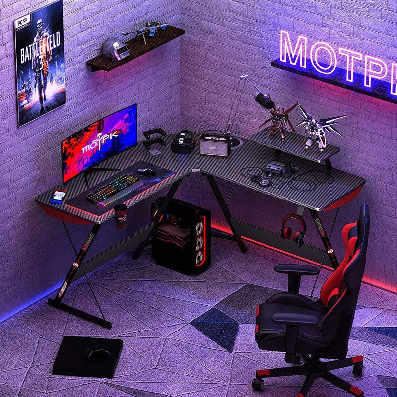 GAMEON L-Shaped Slayer I Series Gaming Desk (Size: 129*129*74cm & Table top 80*46cm) With Headset Hook, Cup Holder & Accessories Stand - Black
