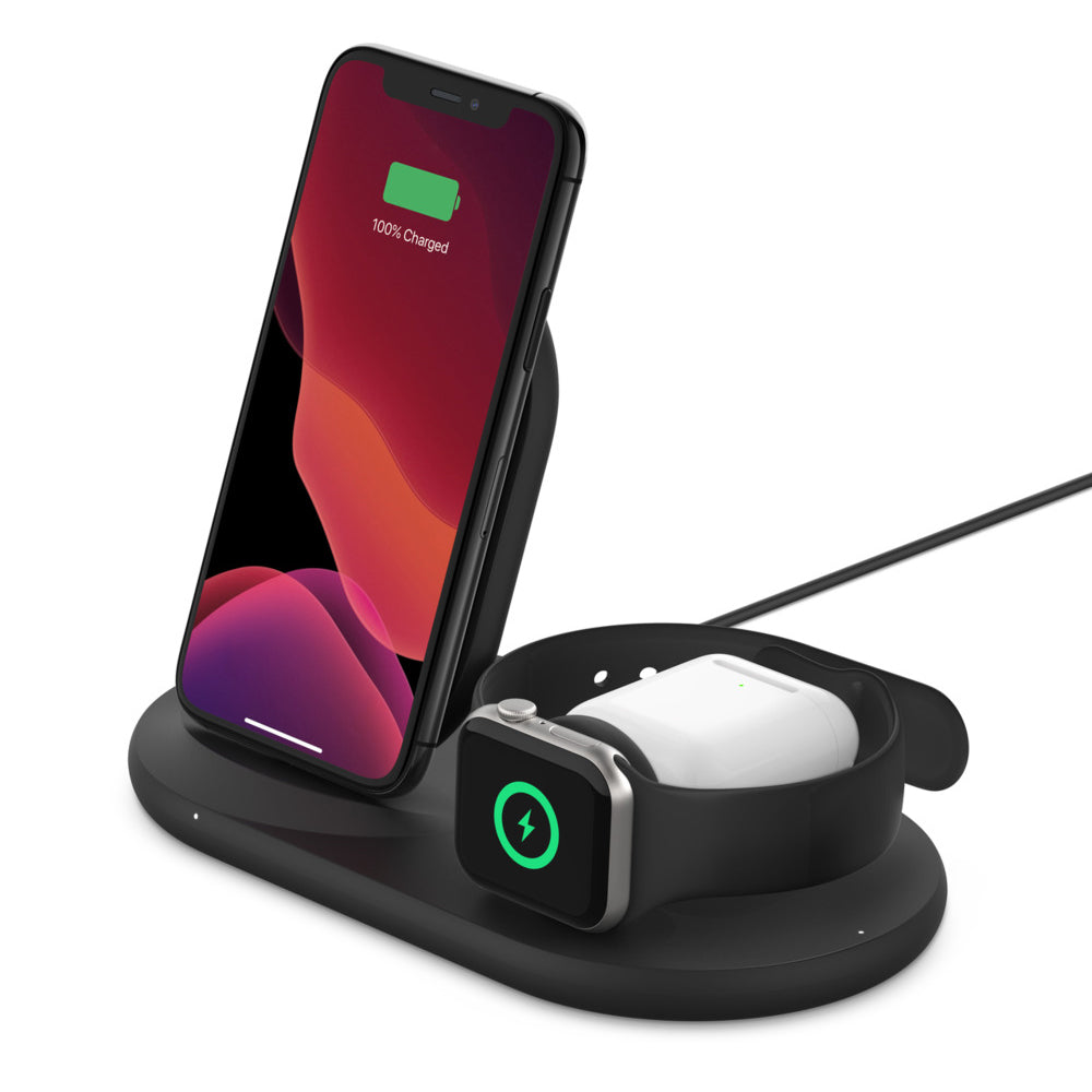 Belkin 3-in-1 Wireless Charger (7.5W Wireless Charging Station for iPhone, Apple Watch and AirPods) - Black