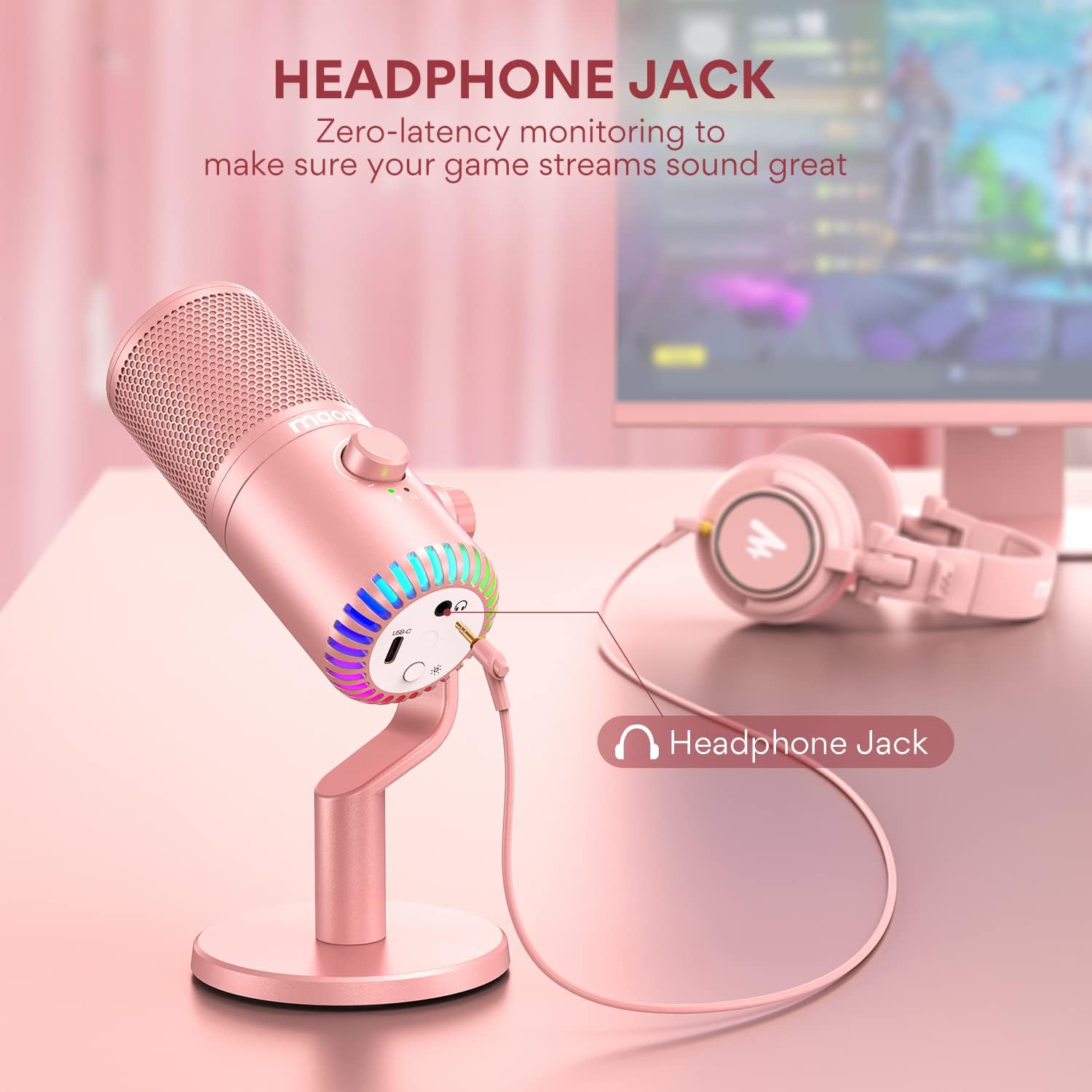 Maono DM30 Gaming Microphone, Pink, USB, 3-in-1 Button, Easy to Use, Smooth Clear Sound, Compatible with Windows, Mac OS, PS5, and PS4