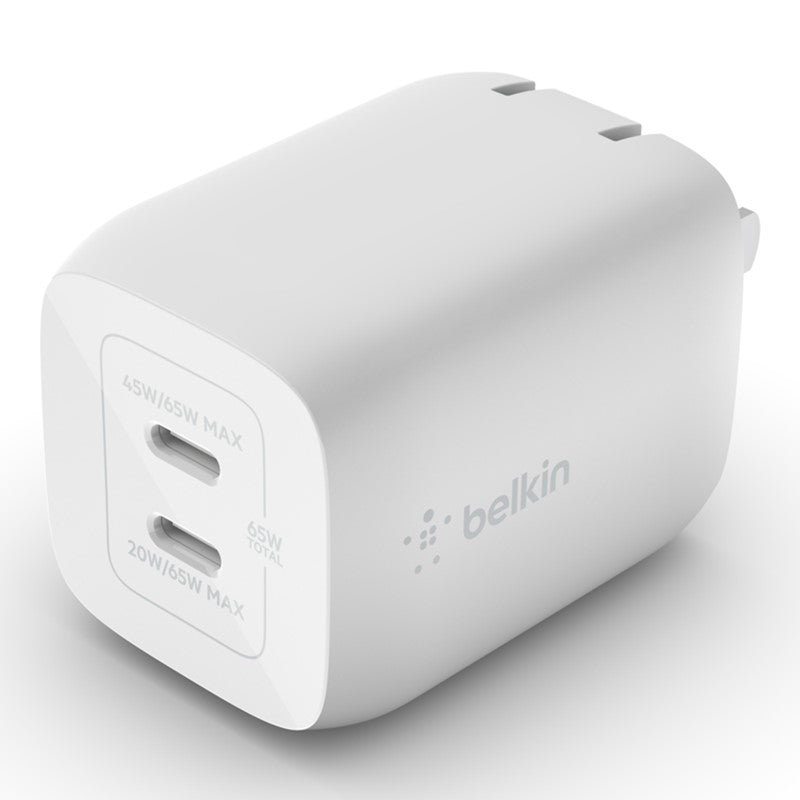 Belkin - 65W Dual Usb-C Gan Pd Wall Charger With Pps - C1/C2=65 - C1+C2=45+20, White