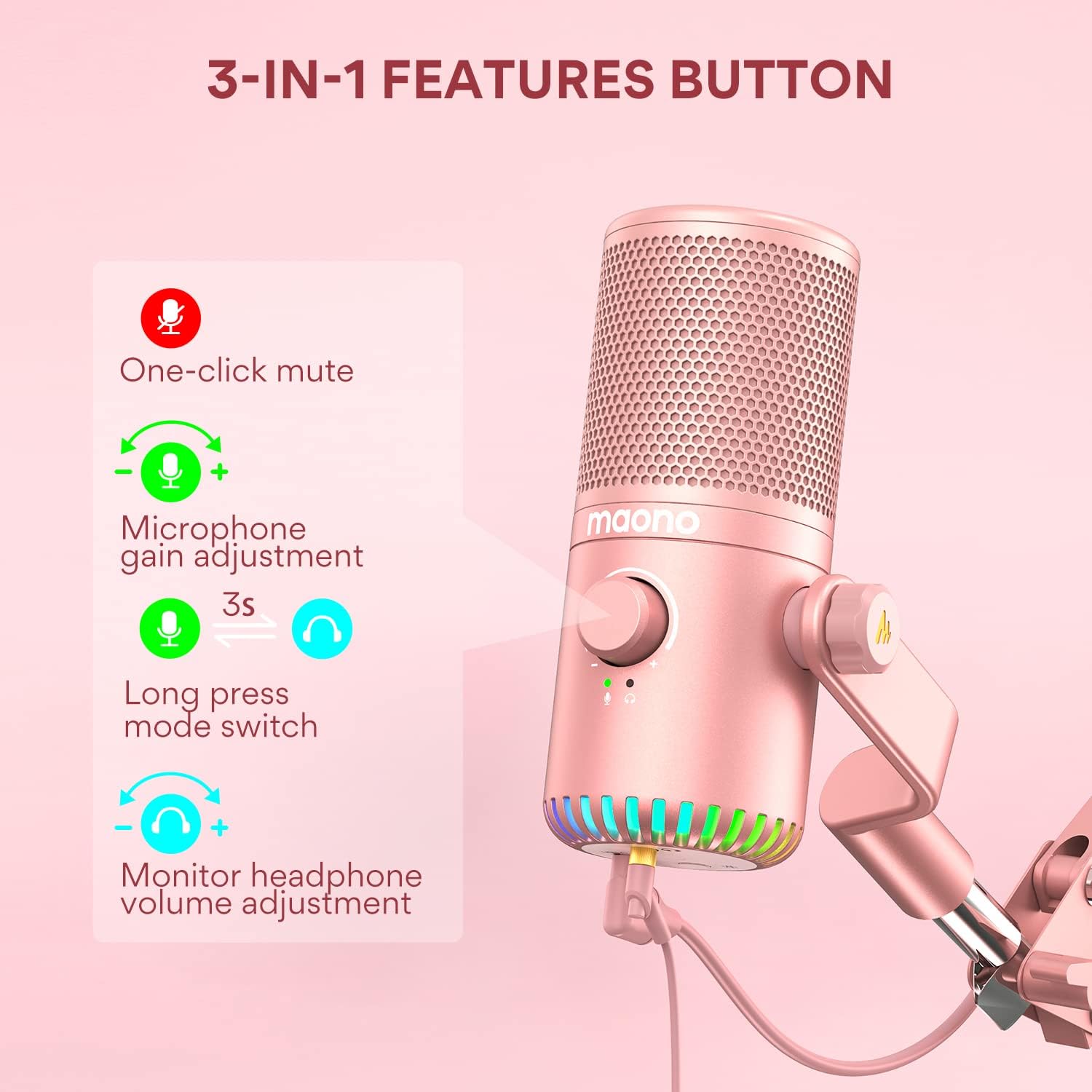 Maono DM30 Gaming Microphone, Pink, USB, 3-in-1 Button, Easy to Use, Smooth Clear Sound, Compatible with Windows, Mac OS, PS5, and PS4