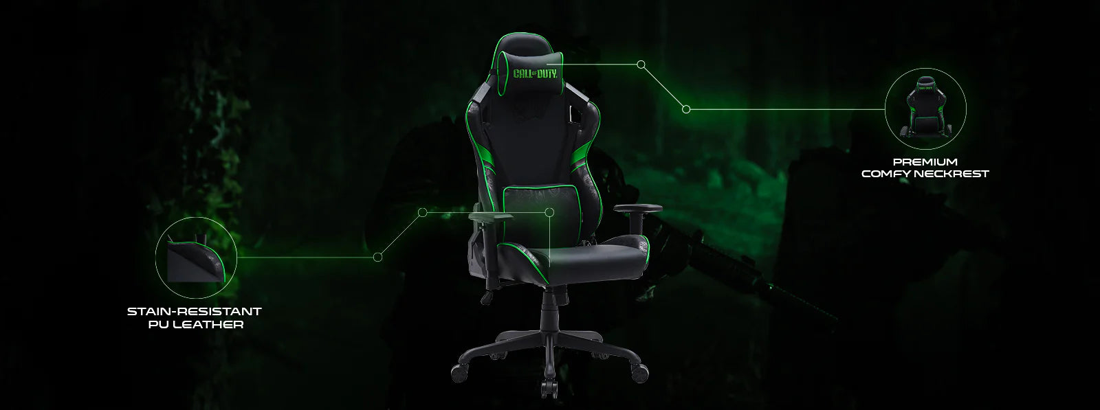 Call Of Duty (COD) x GAMEON Licensed Gaming Chair With Adjustable 2D Armrest & Metal Base - Green/Black