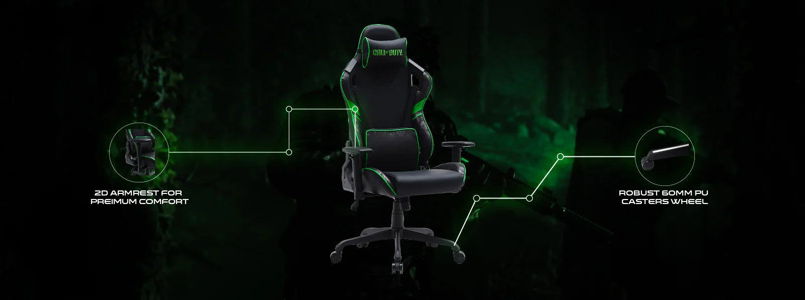 Call Of Duty (COD) x GAMEON Licensed Gaming Chair With Adjustable 2D Armrest & Metal Base - Green/Black