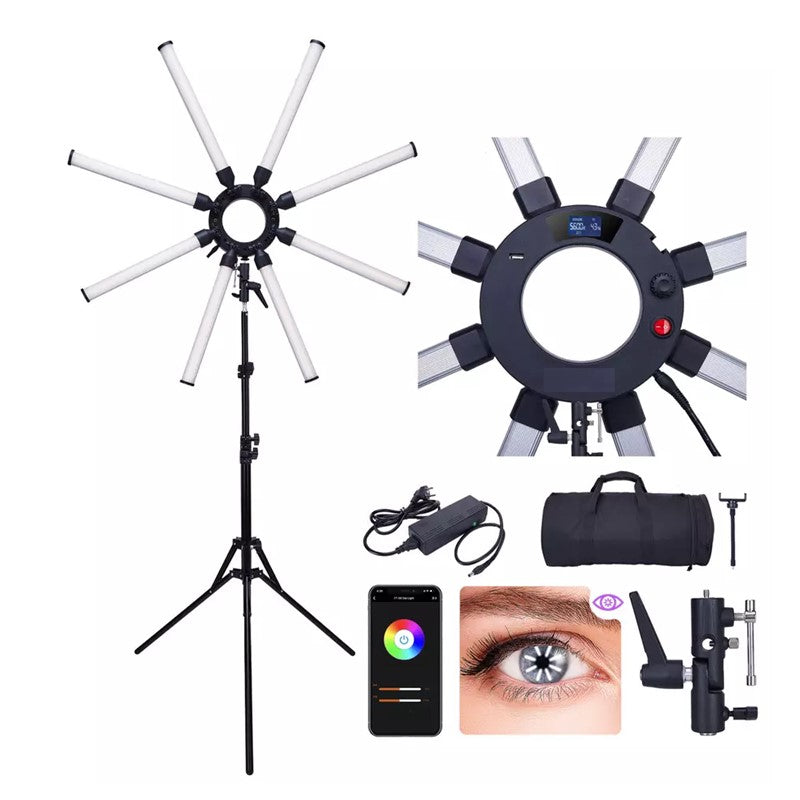 Adjustable LED 8 Star Tube Ring Light 150W Tripod Stand With App Control For Beauty Makeup, Photography (1x Light Stand, 1x Phone holder, 1x Carring bag, 1x Power adapter, 1x Lamp holder adapter - Black