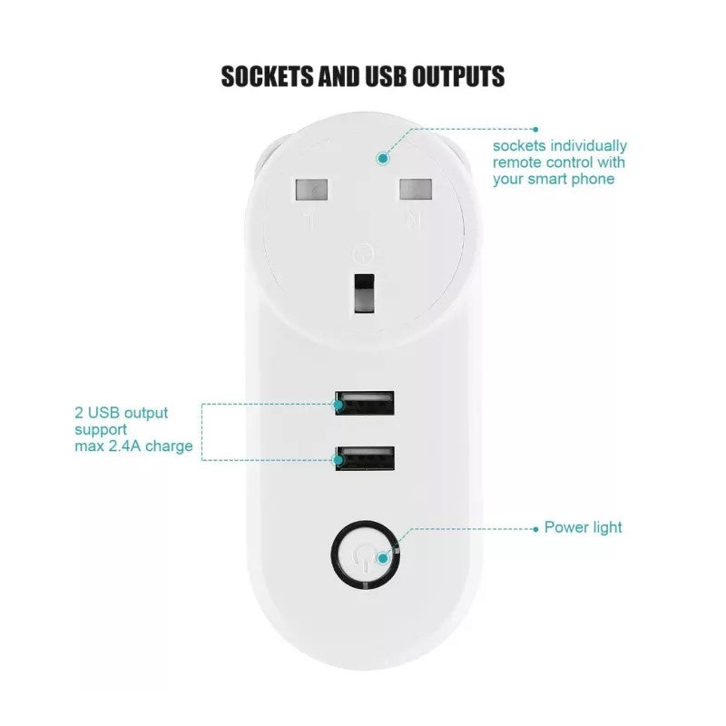 Smart WiFi (UK) Plug Socket With 2 USB Ports & App Control Works with Amazon Alexa, Google Home Assistant - White
