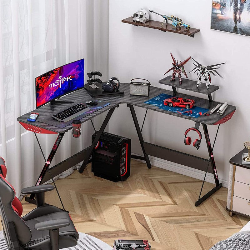 GAMEON L-Shaped Slayer I Series Gaming Desk with Headset Hook, Cup Holder & Accessories Stand - Black